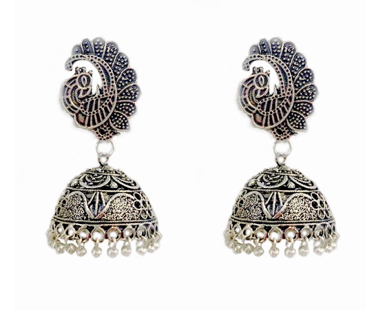 Oxidised classic jhumkas with peacock 
