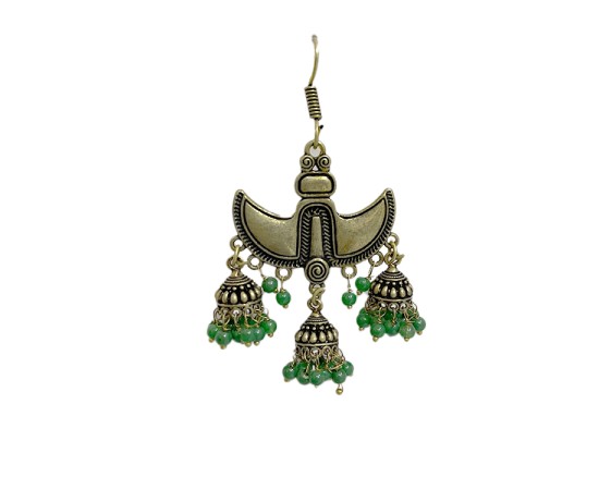 Oxidised gold jhumkas with green beads