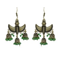 Oxidised gold jhumkas with green beads