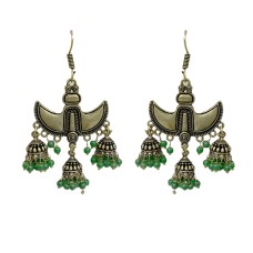 Oxidised gold jhumkas with green beads