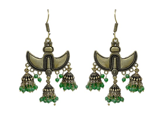 Oxidised gold jhumkas with green beads