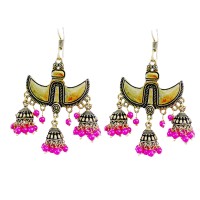 Oxidised gold jhumkas with pink beads