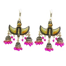 Oxidised gold jhumkas with pink beads