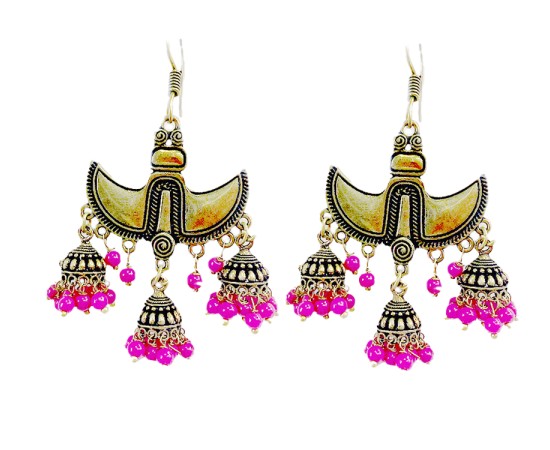 Oxidised gold jhumkas with pink beads