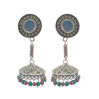 Oxidised Jhumkas with red and green beads