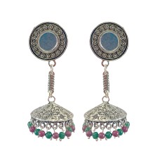 Oxidised Jhumkas with red and green beads