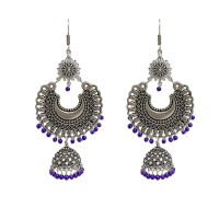 Oxidised big round jhumkas with blue beads