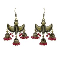 Oxidised gold jhumkas with red beads