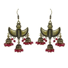 Oxidised gold jhumkas with red beads