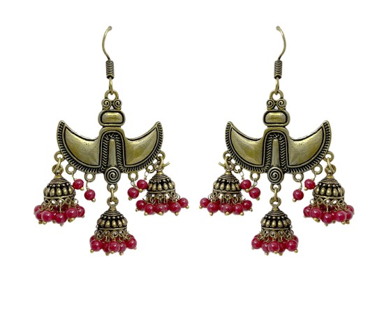 Oxidised gold jhumkas with red beads