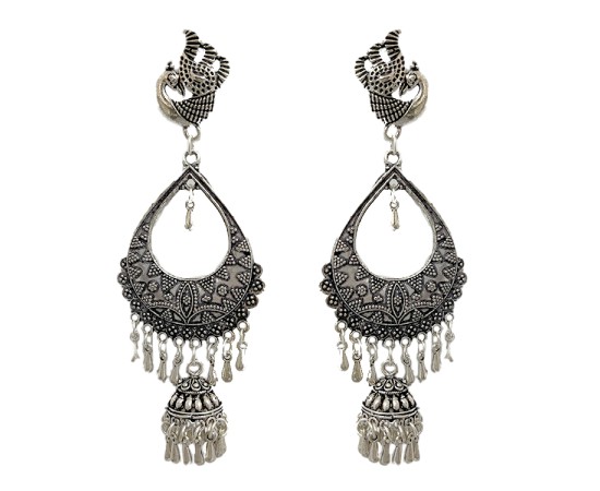 Oxidised long silver jhumkas 