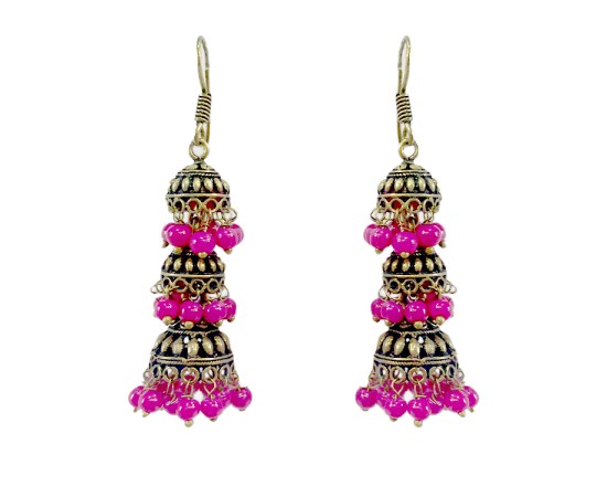 Oxidised Jhumkas with pink beads