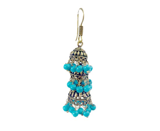 Oxidised Jhumkas with light blue beads