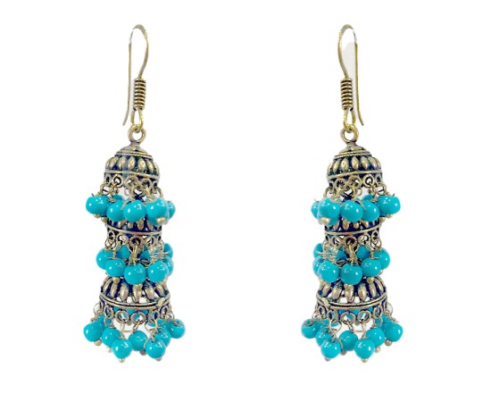 Oxidised Jhumkas with light blue beads