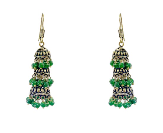 Oxidised Jhumkas with green beads