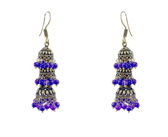 Oxidised jhumkas with blue beads