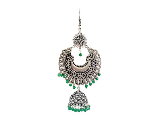 Oxidised jhumkas with green beads