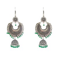 Oxidised jhumkas with green beads