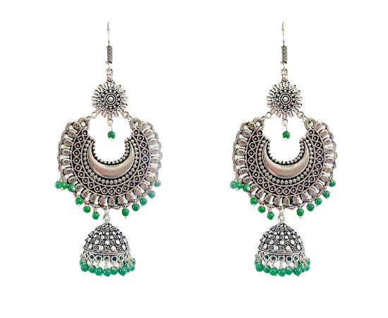 Oxidised jhumkas with green beads