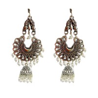 Oxidised Jhumkas with white beads
