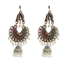 Oxidised Jhumkas with white beads