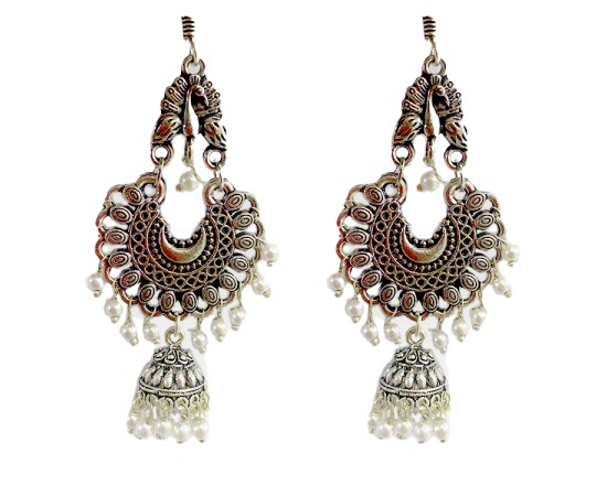 Oxidised Jhumkas with white beads