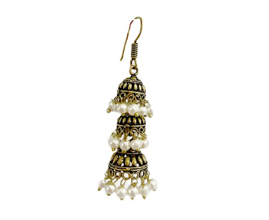Oxidised three layer Jhumkas with white pearls