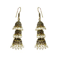 Oxidised three layer Jhumkas with white pearls