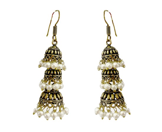 Oxidised three layer Jhumkas with white pearls