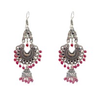 Oxidised Jhumkas with red beads