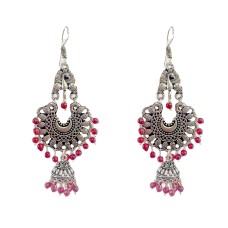 Oxidised Jhumkas with red beads
