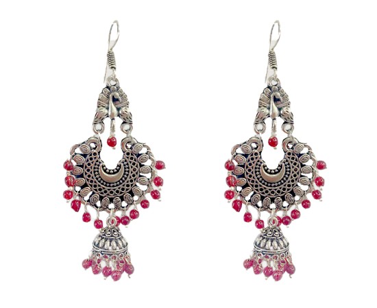 Oxidised Jhumkas with red beads