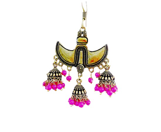 Oxidised gold jhumkas with pink beads