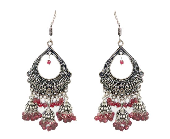 Oxidised Jhumkas with red beads