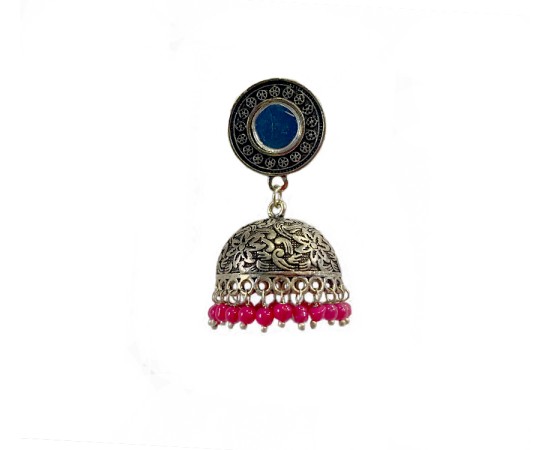 Oxidised jhumkas with pink beads