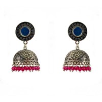 Oxidised jhumkas with pink beads