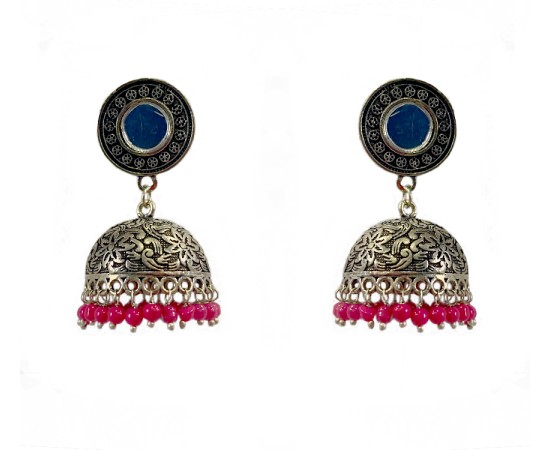 Oxidised jhumkas with pink beads