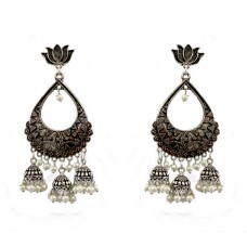 Oxidised jhumkas with white pearls