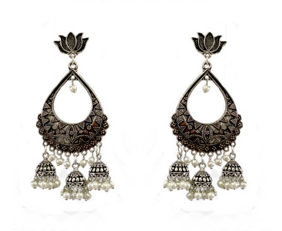 Oxidised jhumkas with white pearls