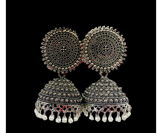 Oxidised classic metal jhumkas with white pearls 