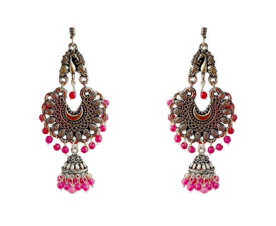 Oxidised jhumkas with pink beads