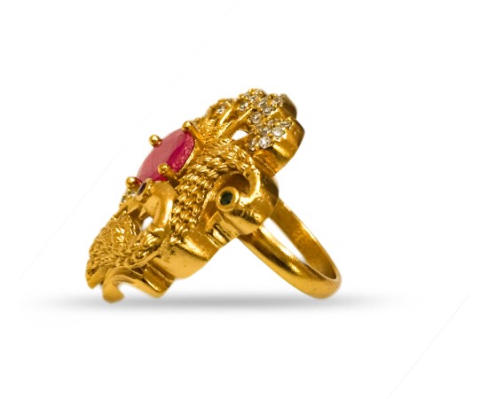Gold Plated Ring With Peacock Design White And Pink Stone 