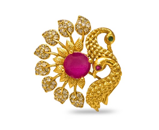 Gold Plated Ring With Peacock Design White And Pink Stone 