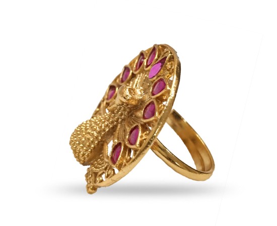 Gold Plated Ring With Peacock Design Pink Stone 