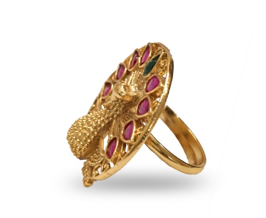 Gold Plated Ring With Peacock Design With Pink And Green Stone