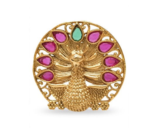Gold Plated Ring With Peacock Design With Pink And Green Stone