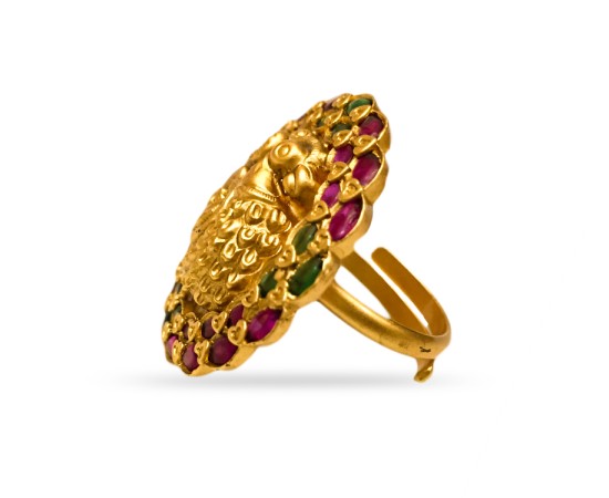 Gold Plated Ring With Peacock Design Red And Green Stone
