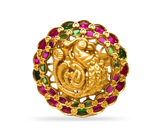 Gold Plated Ring With Peacock Design Red And Green Stone