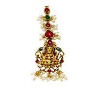 Gold Plated Maang Tikka With Lakshmi Design Pink Green Stones And Pearls