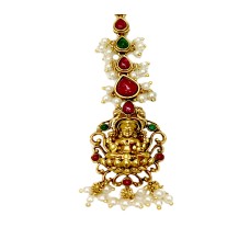 Gold Plated Maang Tikka With Lakshmi Design Pink Green Stones And Pearls
